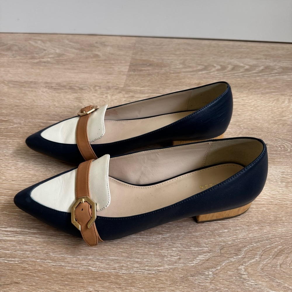 Cole Haan Navy, White & Brown Pointed Loafers with Gold Buckle - Picture 4 of 5